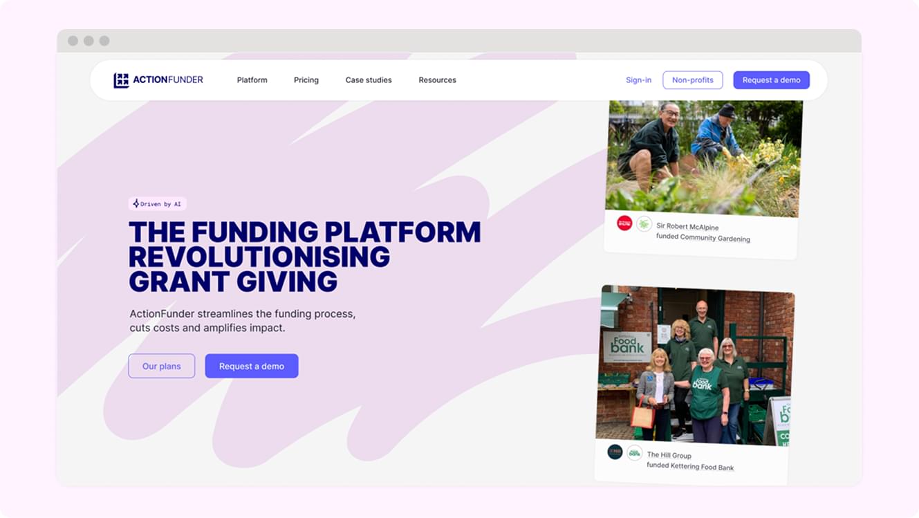 ActionFunder website homepage showcasing the hero section and navigation