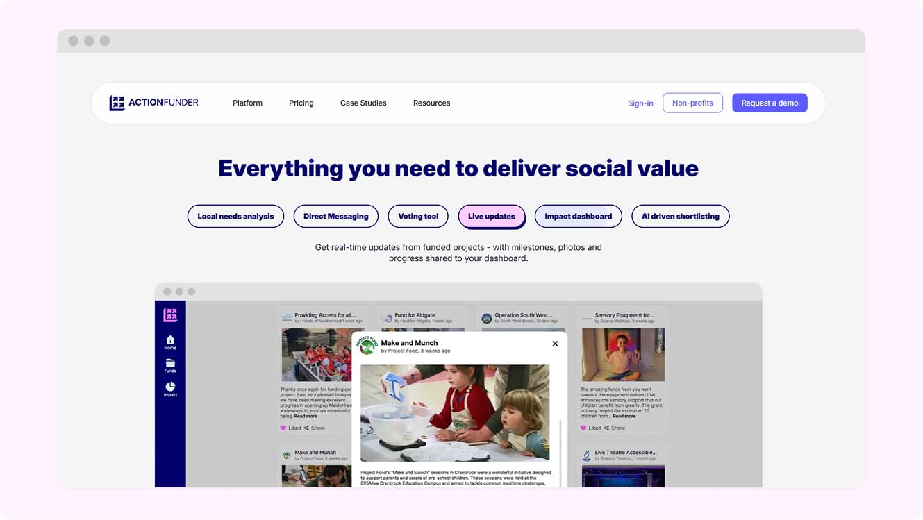 ActionFunder website features page displaying platform capabilities